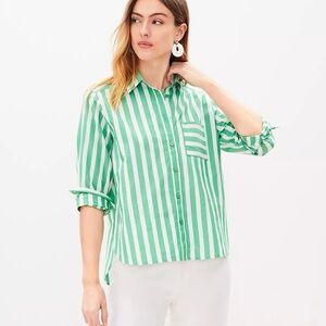 LOFT Green and White Striped Button Down Shirt